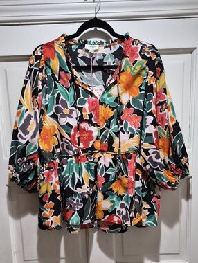 Umgee Floral Boho Multi Color Peplum Blouse Size Medium NWT